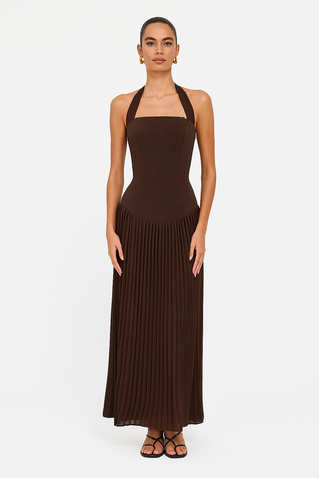 Halterneck Pleated Maxi Dress with Structured Bodice for Formal Events