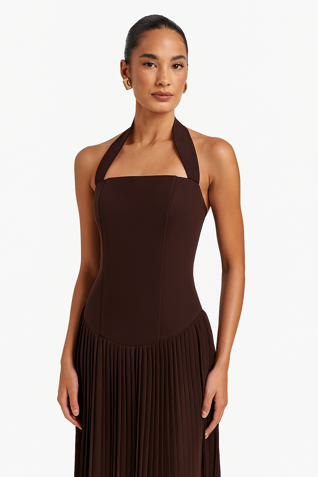 Halterneck Pleated Maxi Dress with Structured Bodice for Formal Events