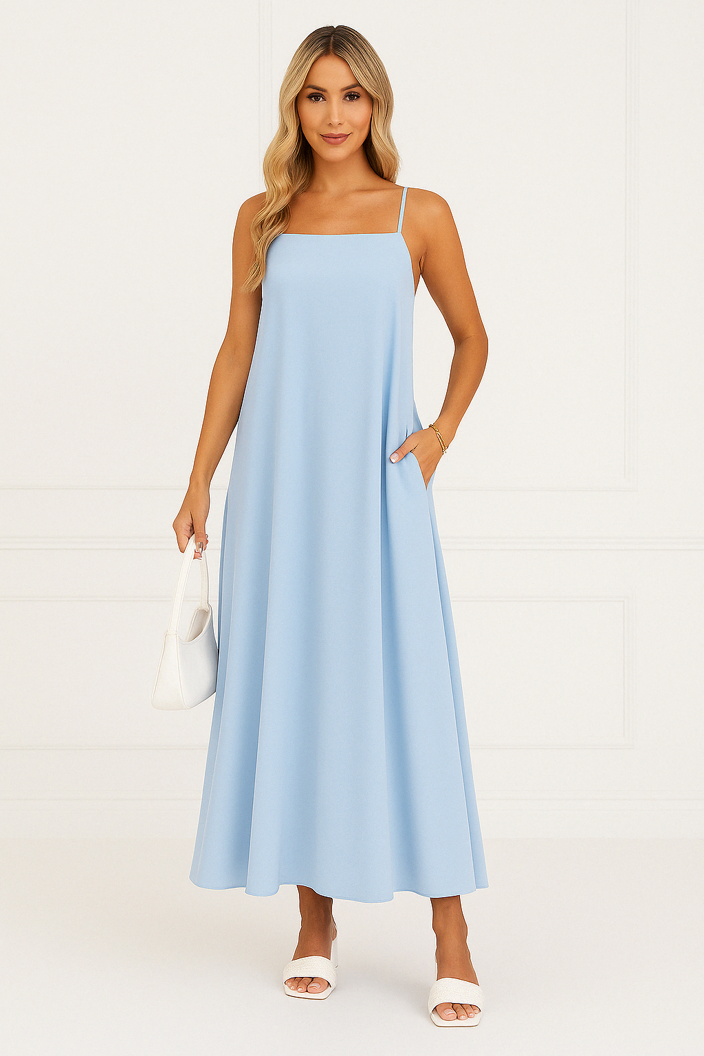 A-Line Midi Dress Women UK – Spaghetti Strap Lightweight Fabric, Wedding Guest Garden Party