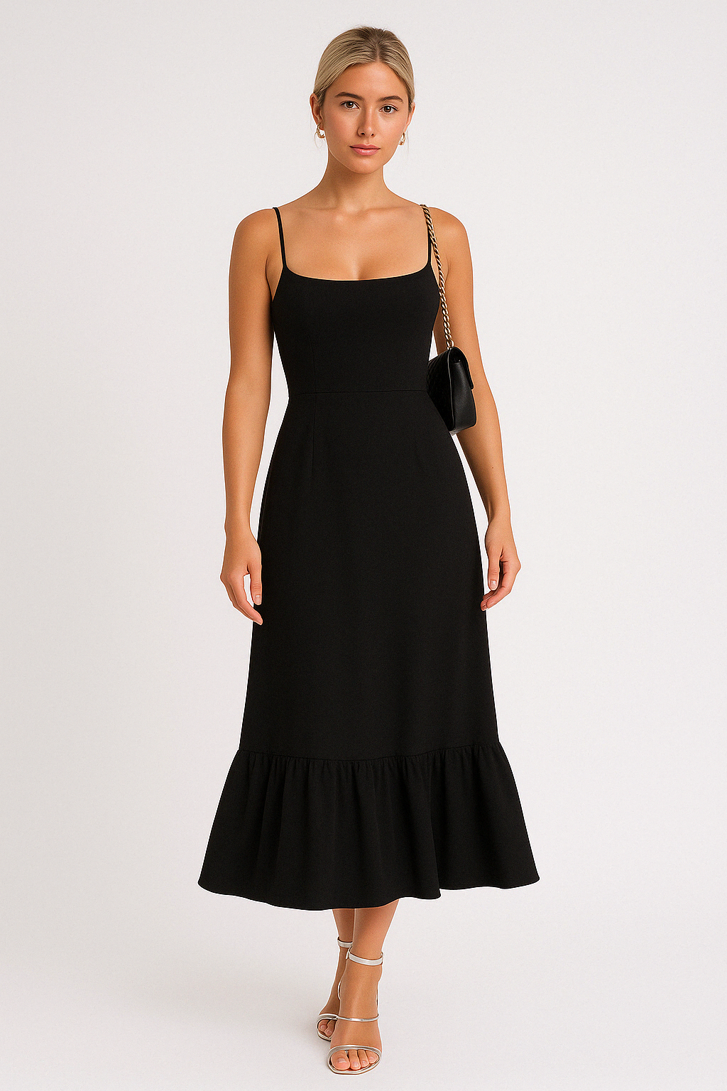 Black Square Neck Flared Midi Dress Women UK – Wedding Guest Garden Party Evening Gown, Cocktail