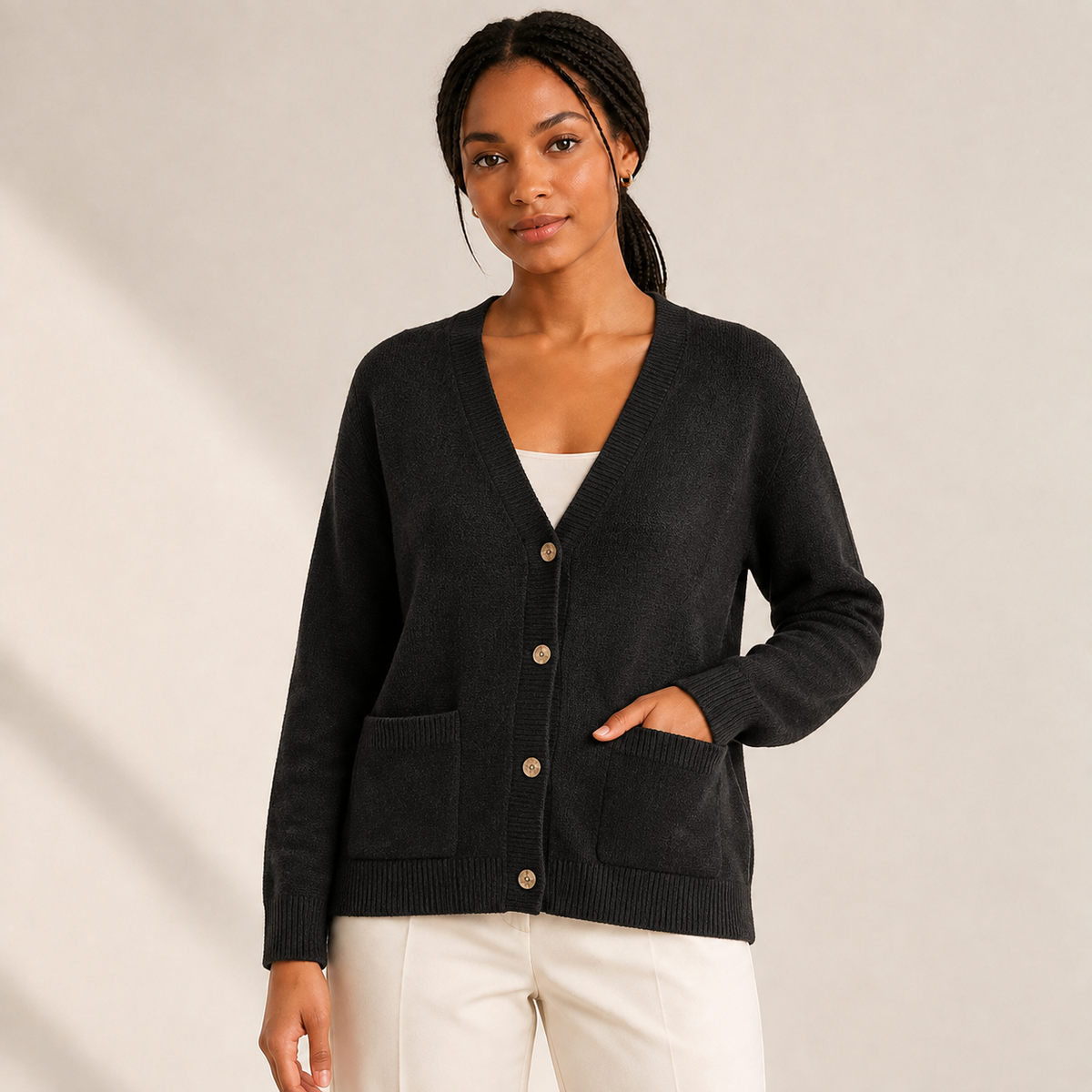 Cosy Layering Essential – Deep V-Neck Rhombus Cardigan