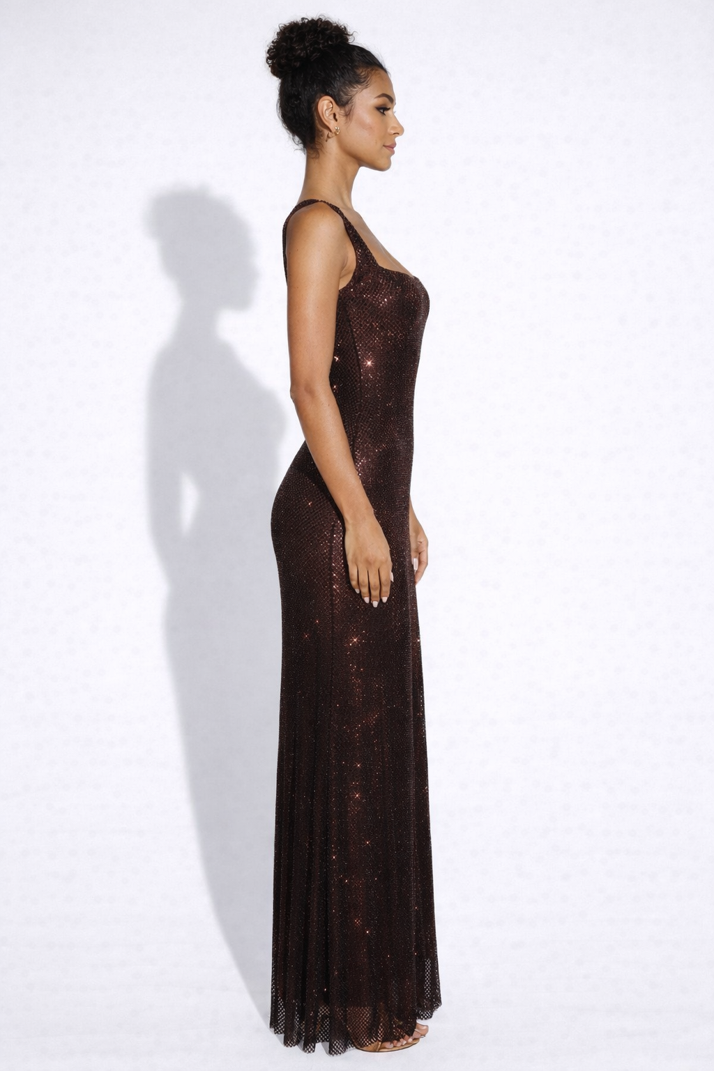 Crystal Mesh Maxi Dress with Square Neck for Evening Events and Formal Occasions