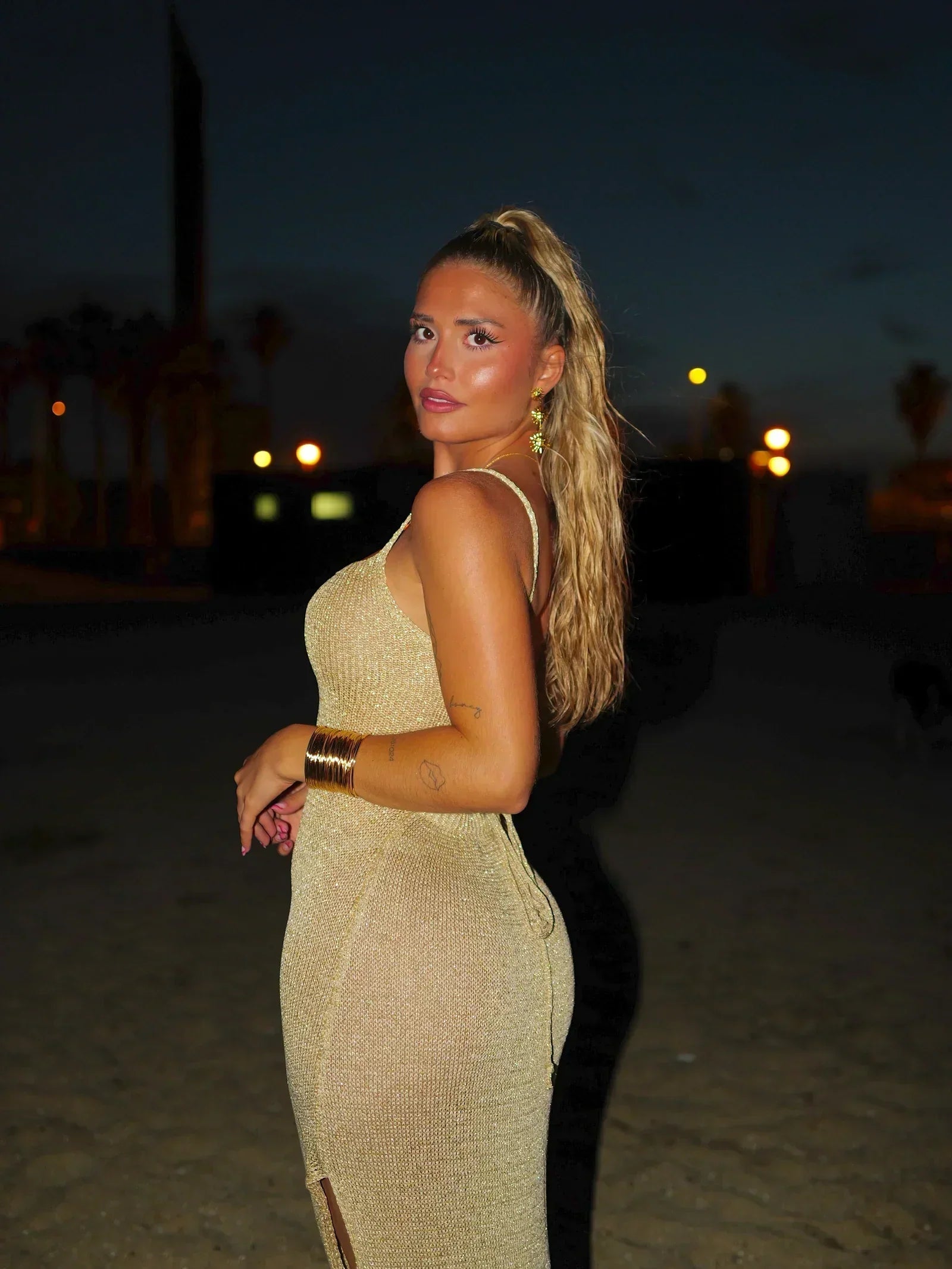 Metallic Knit Maxi Dress with Lace-Up Back and Thigh-High Slit for Evening Events