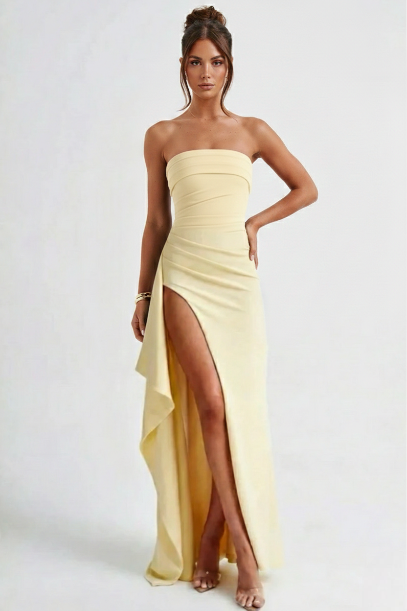 Crepe Strapless Maxi Dress Women UK – Thigh-High Split Formal Occasion Evening Gown