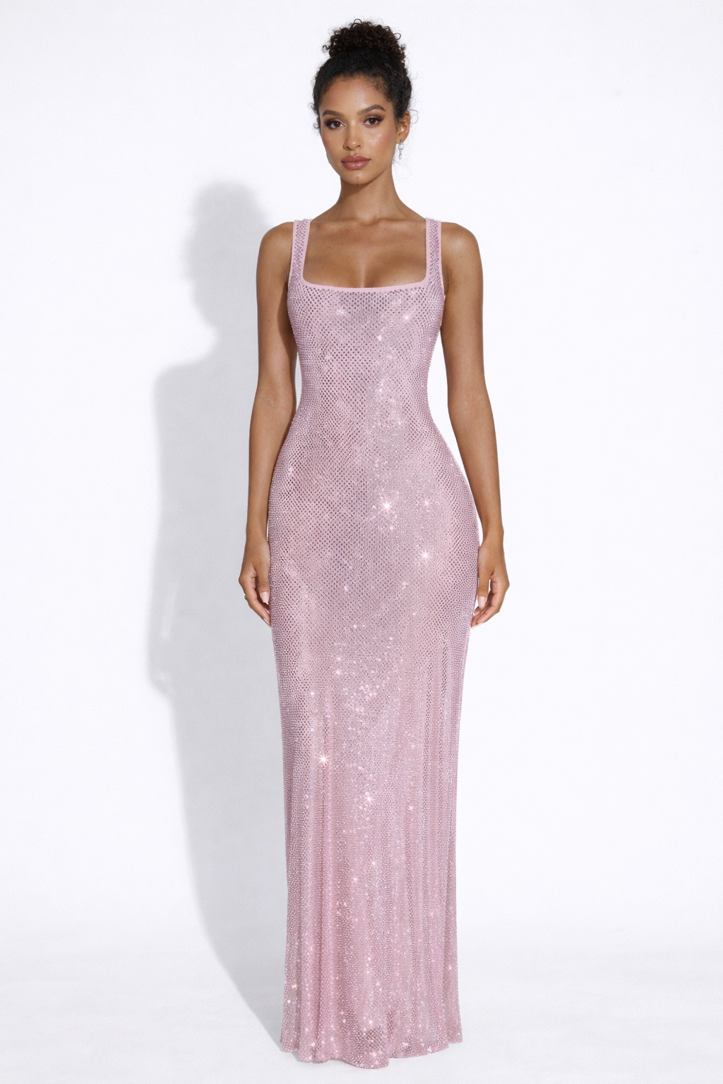 Crystal Mesh Maxi Dress with Square Neck for Evening Events and Formal Occasions