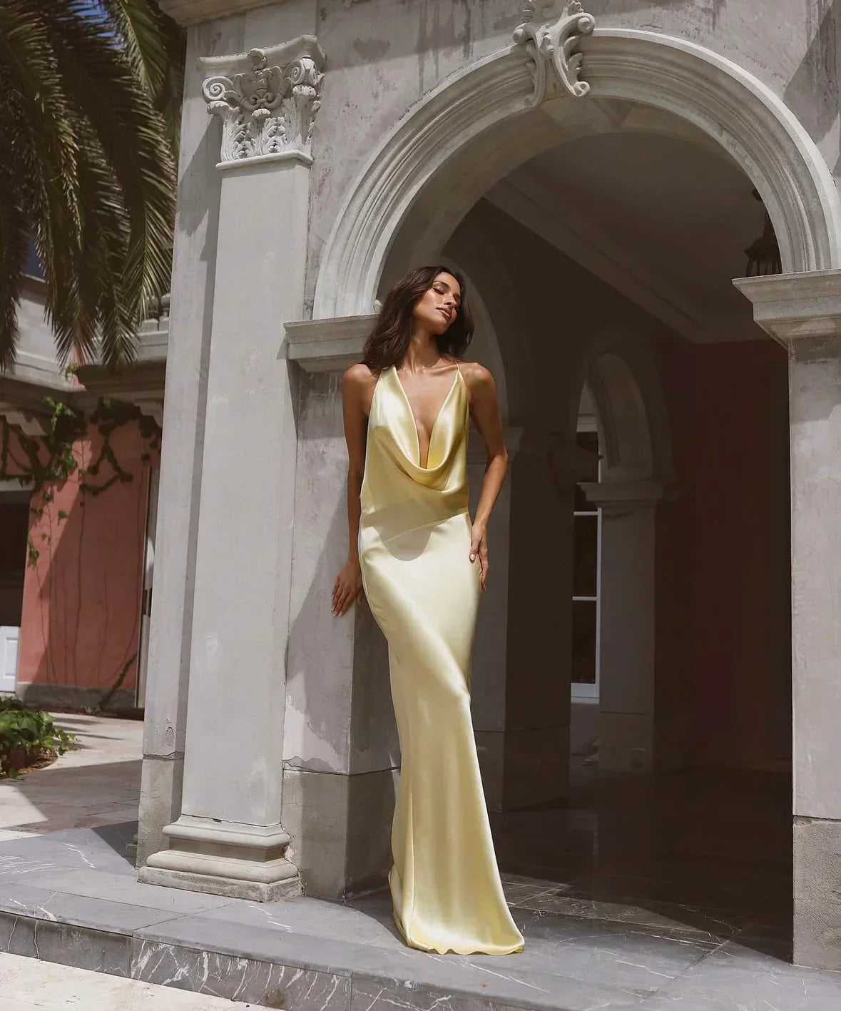 Cowl Neck Satin Maxi Dress with Open Back for Evening and Formal Events