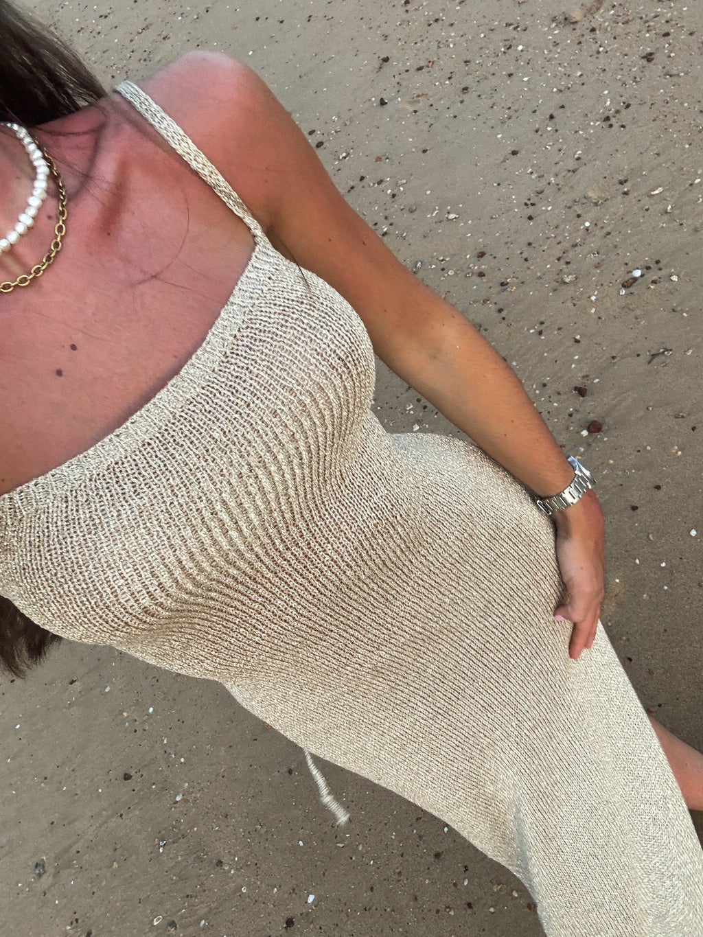 Metallic Knit Maxi Dress with Lace-Up Back and Thigh-High Slit for Evening Events