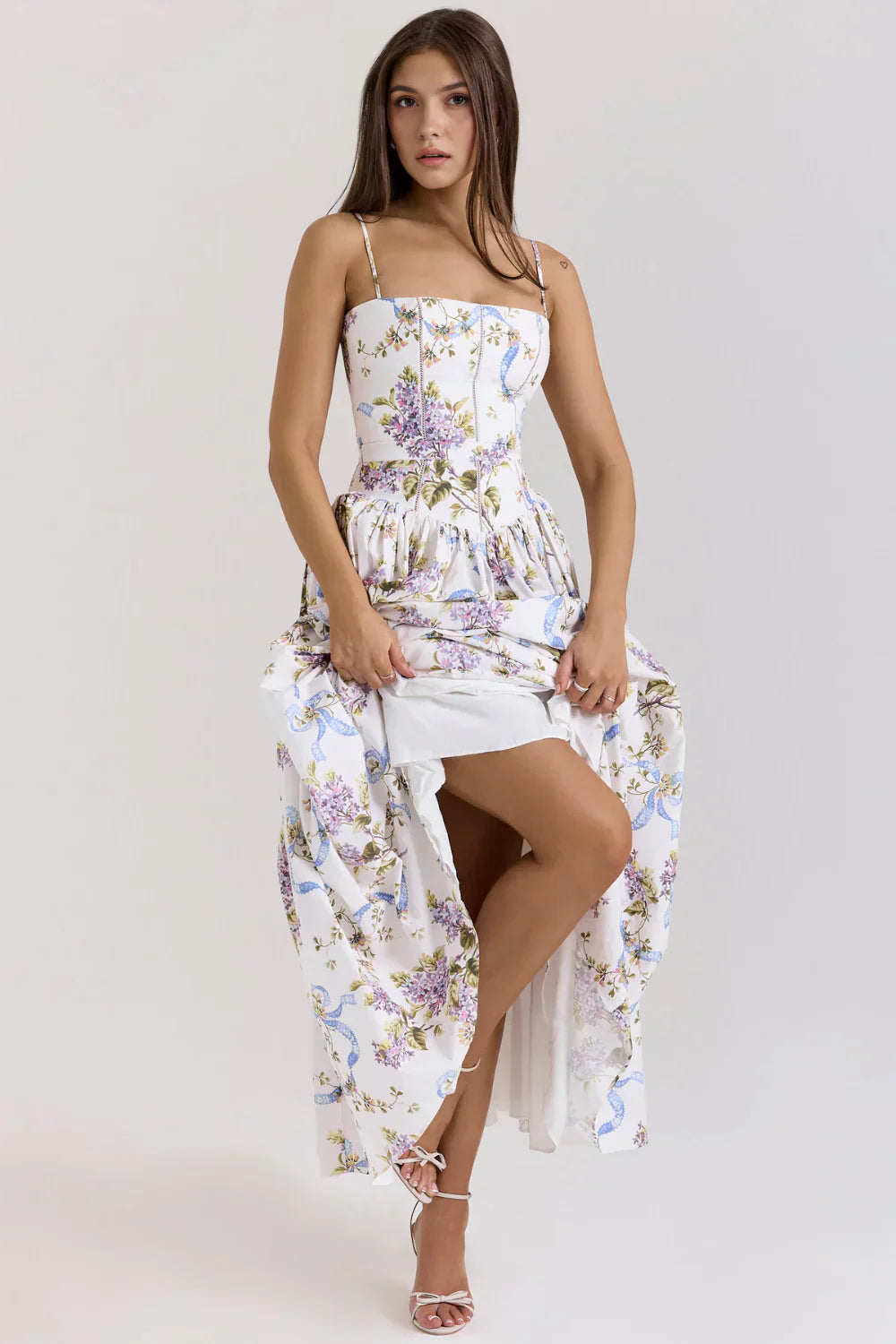 Floral Cut-Out Maxi Dress Women UK – Wedding Guest Garden Party Evening Gown, Resort Holiday