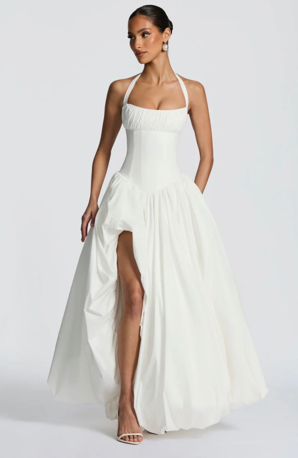 Halter Maxi Dress with Sculpted Bodice and Side Split for Evening Events