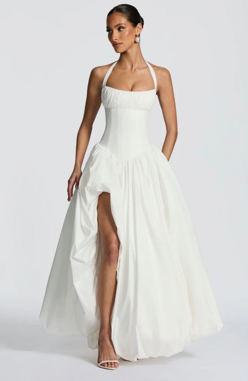Halter Maxi Dress with Sculpted Bodice and Side Split for Evening Events