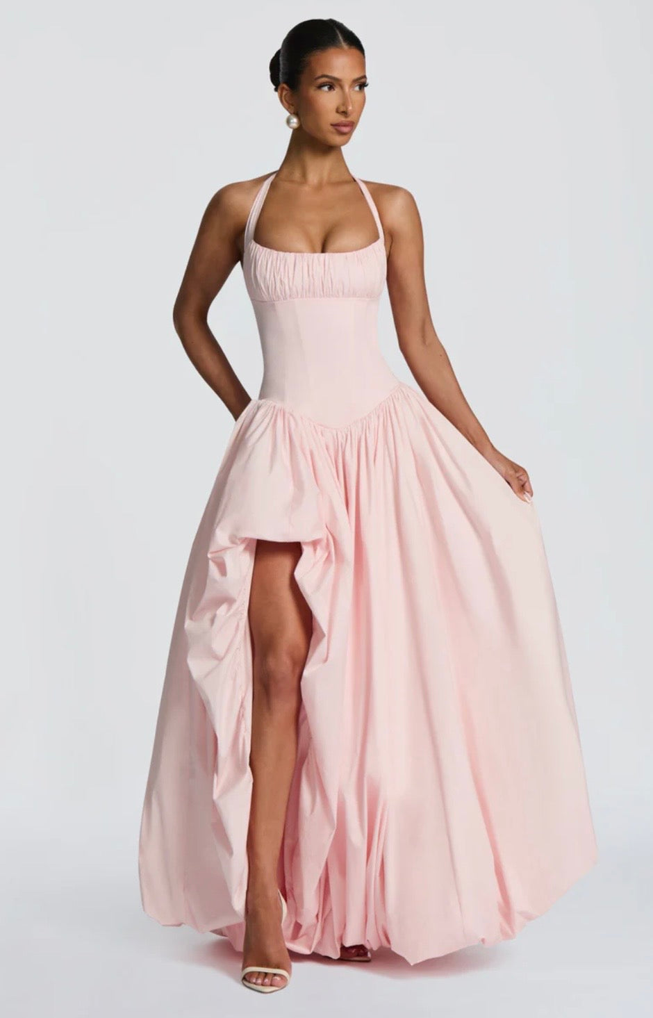Halter Maxi Dress with Sculpted Bodice and Side Split for Evening Events