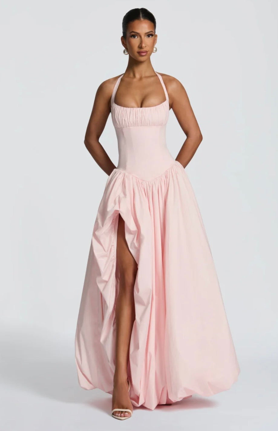 Halter Maxi Dress with Sculpted Bodice and Side Split for Evening Events