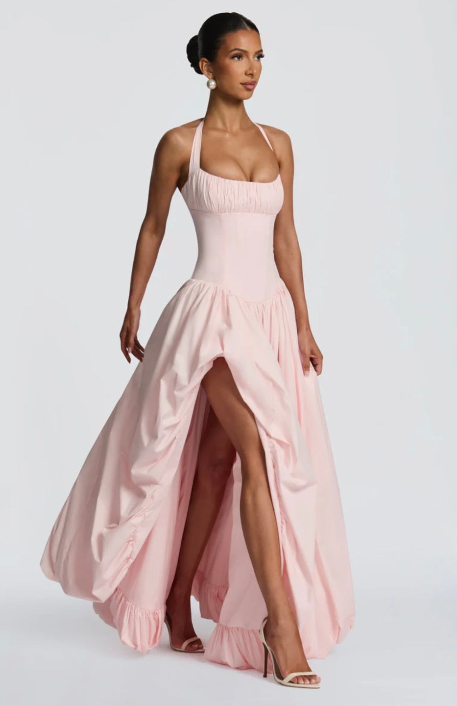 Halter Maxi Dress with Sculpted Bodice and Side Split for Evening Events