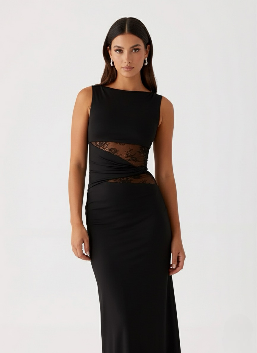 Black Lace Cutout Maxi Dress Women UK – Elegant Evening Gown, Formal Occasion