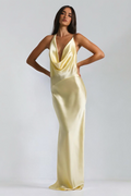 Cowl Neck Satin Maxi Dress with Open Back for Evening and Formal Events