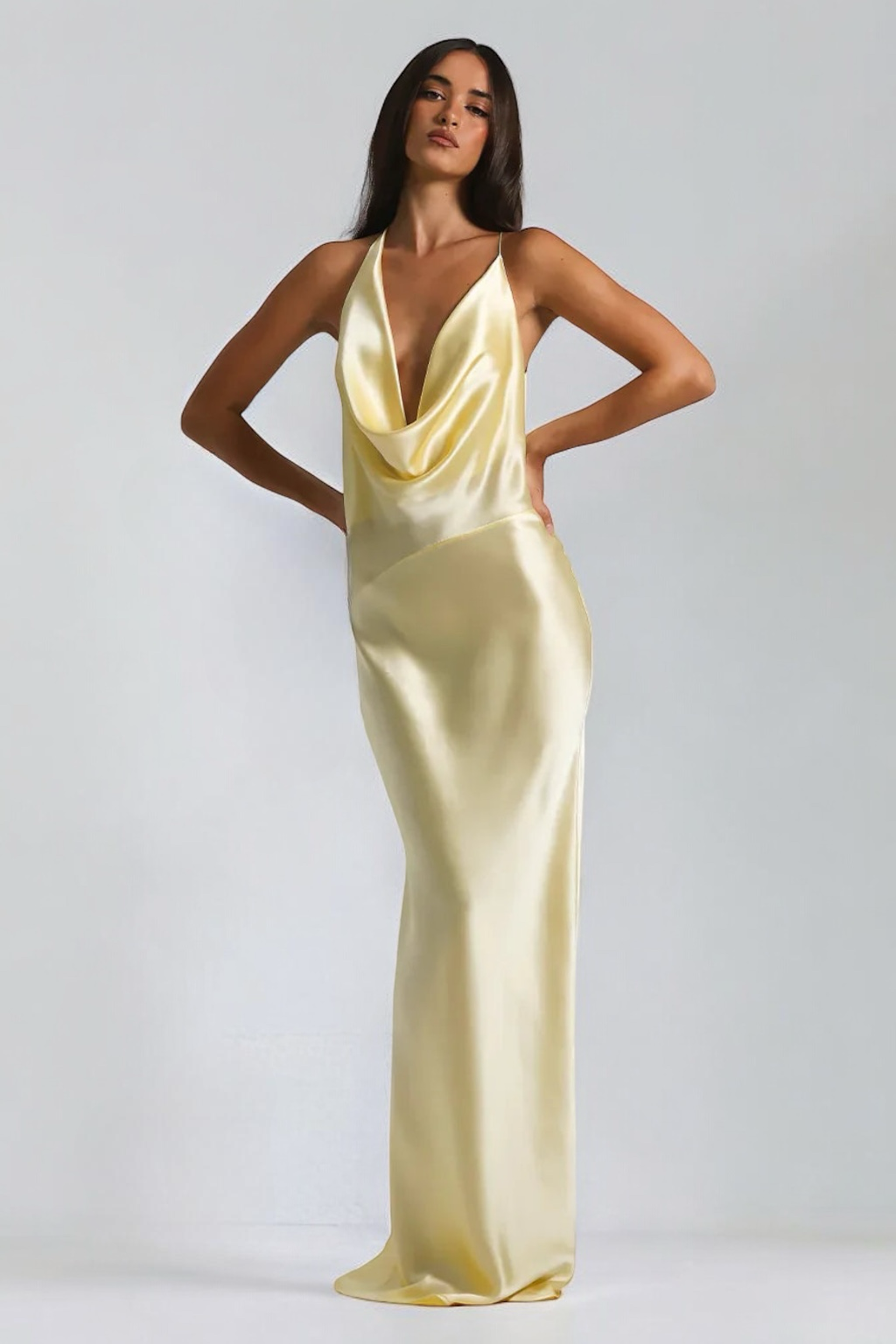 Cowl Neck Satin Maxi Dress with Open Back for Evening and Formal Events