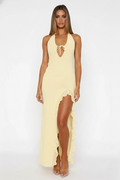 Plunge Neck Ruffled Maxi Dress with Thigh-High Slit for Evening Events