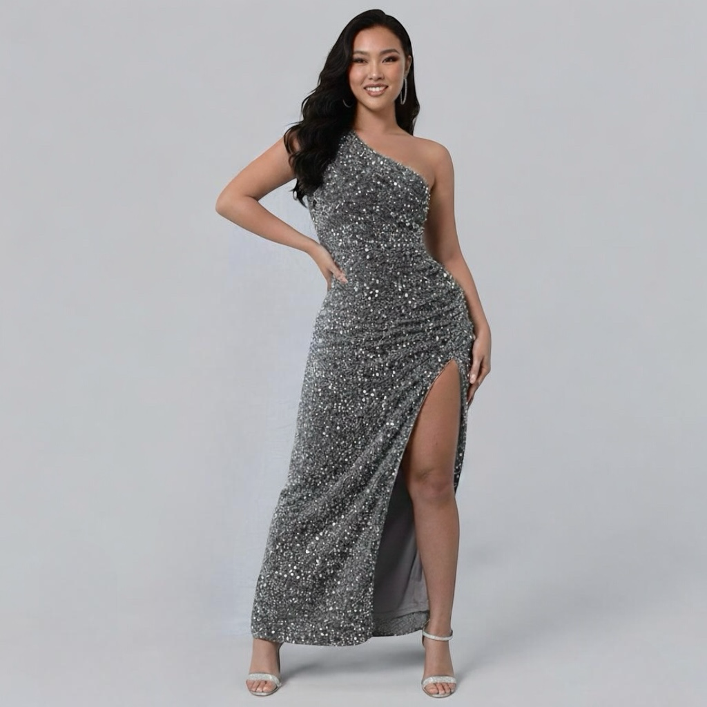 Sequin One-Shoulder Dress Women UK – Glamorous Evening Gown, Party Event