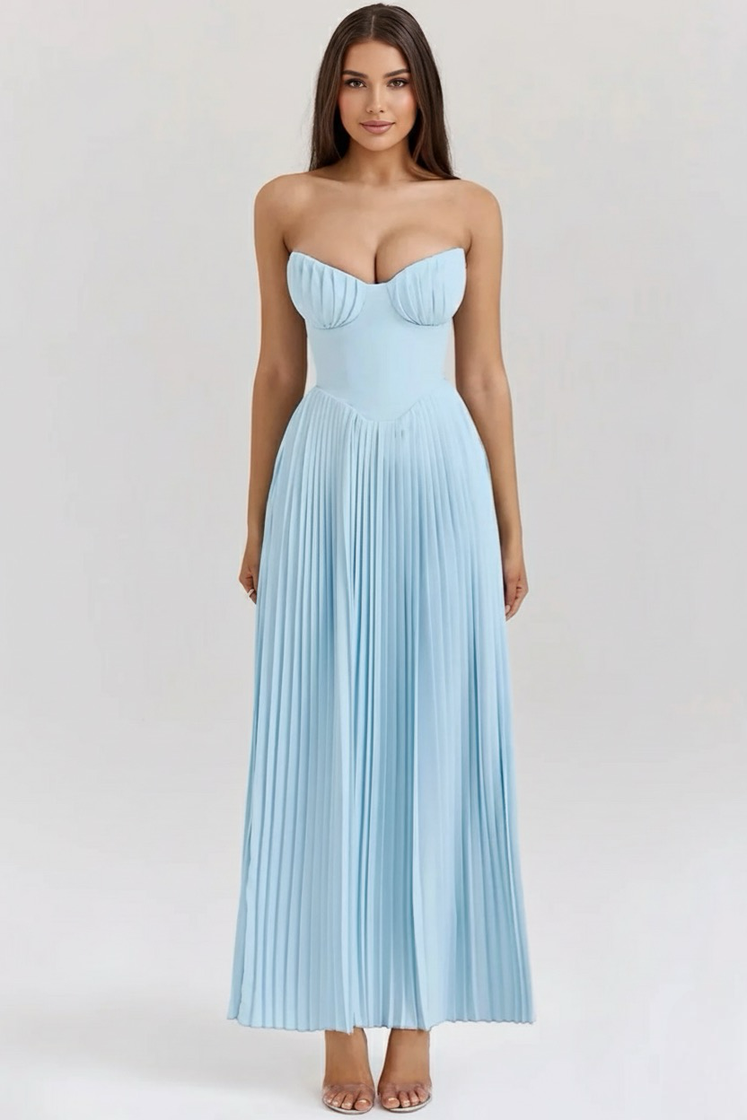 Underwired Pleated Strapless A-Line Maxi Dress Women UK – Formal Occasion Evening Gown, Wedding Guest