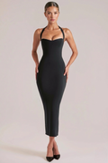 Black Halter Midi Dress Women UK – Sculpting Fit for Events, Cocktail & Garden Party