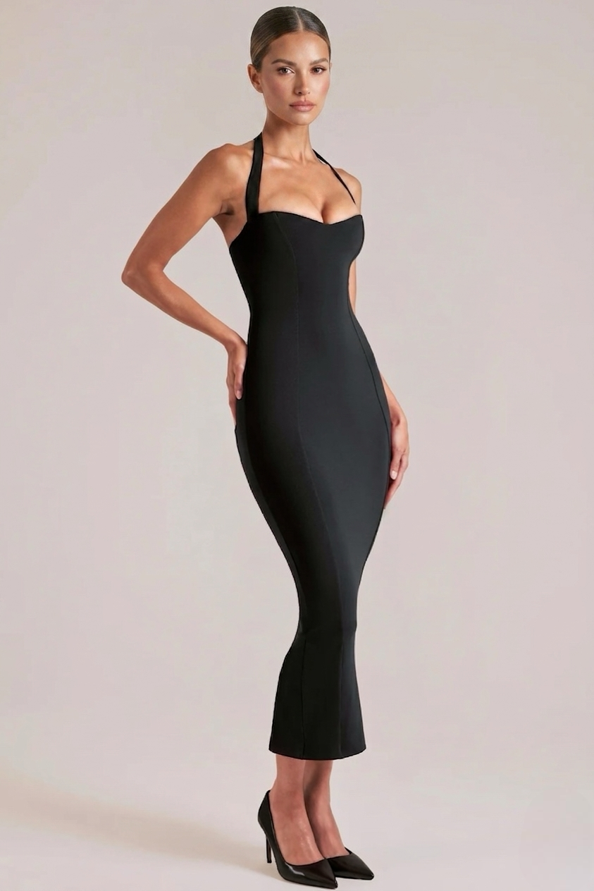 Black Halter Midi Dress Women UK – Sculpting Fit for Events, Cocktail & Garden Party