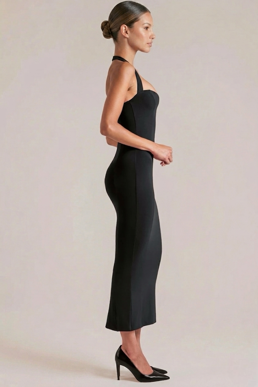 Black Halter Midi Dress Women UK – Sculpting Fit for Events, Cocktail & Garden Party