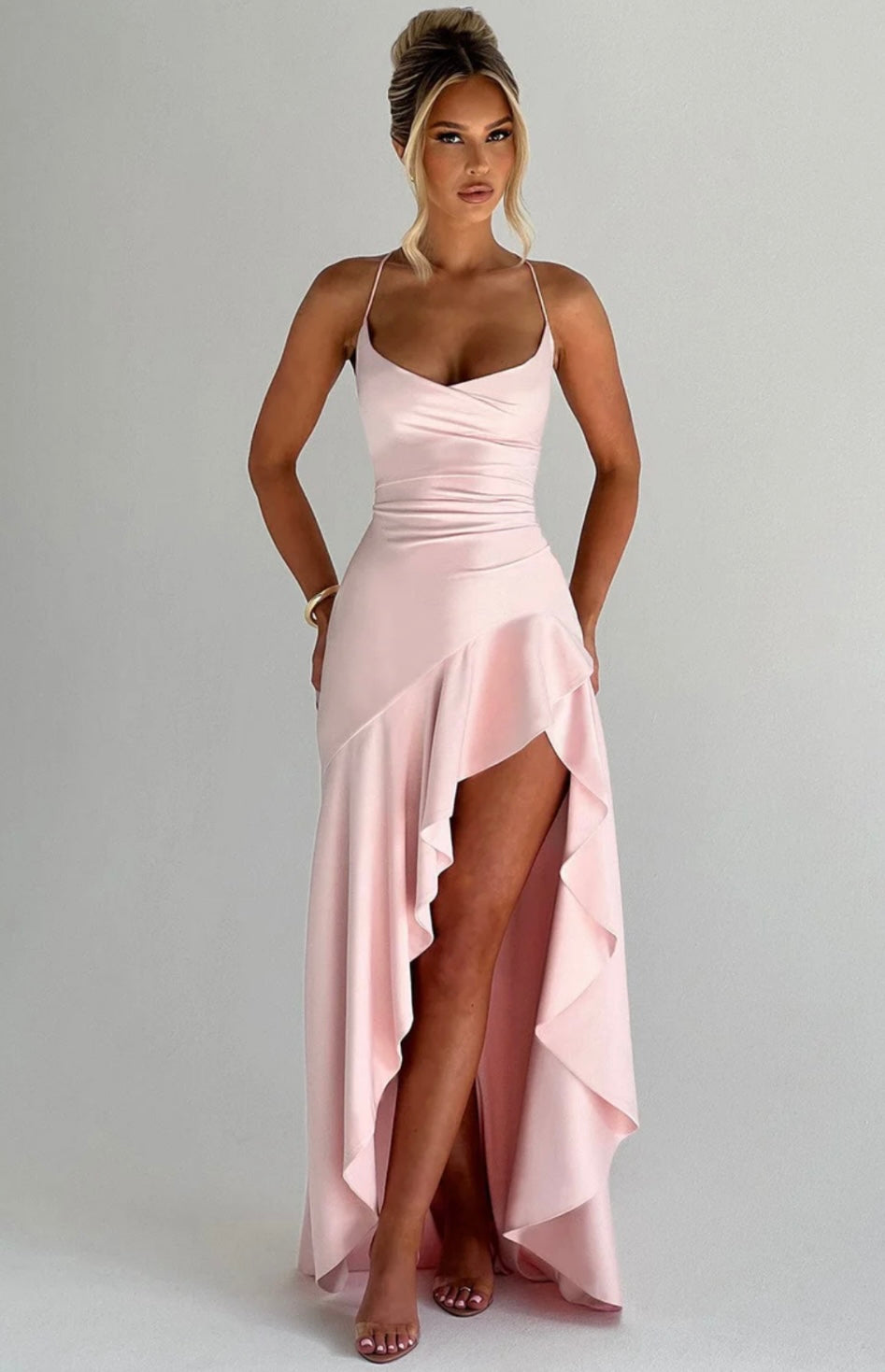 Satin High-Low Ruffle Hem Maxi Dress Women UK – Evening Wear, Cocktail