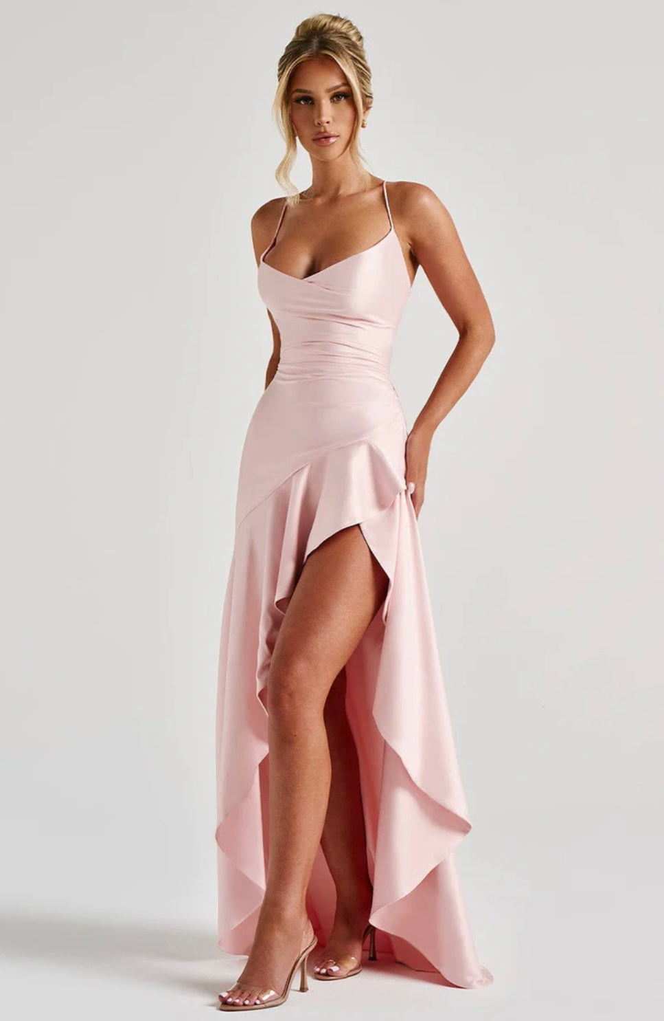 Satin High-Low Ruffle Hem Maxi Dress Women UK – Evening Wear, Cocktail