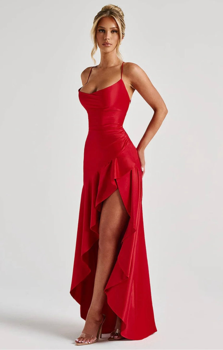 Satin High-Low Ruffle Hem Maxi Dress Women UK – Evening Wear, Cocktail