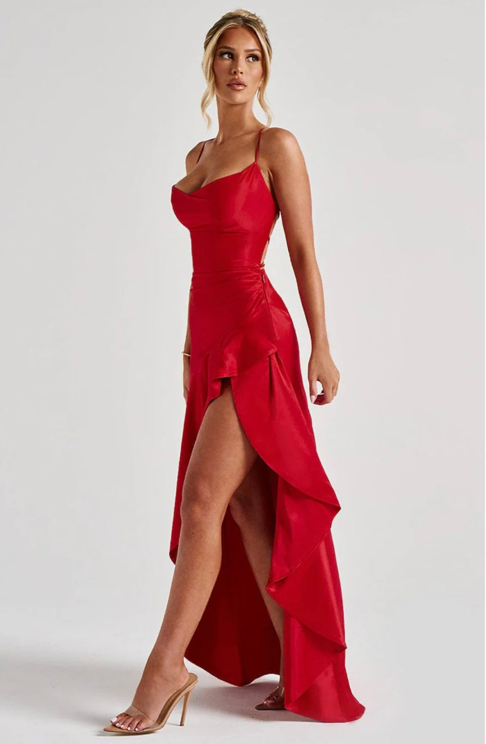 Satin High-Low Ruffle Hem Maxi Dress Women UK – Evening Wear, Cocktail