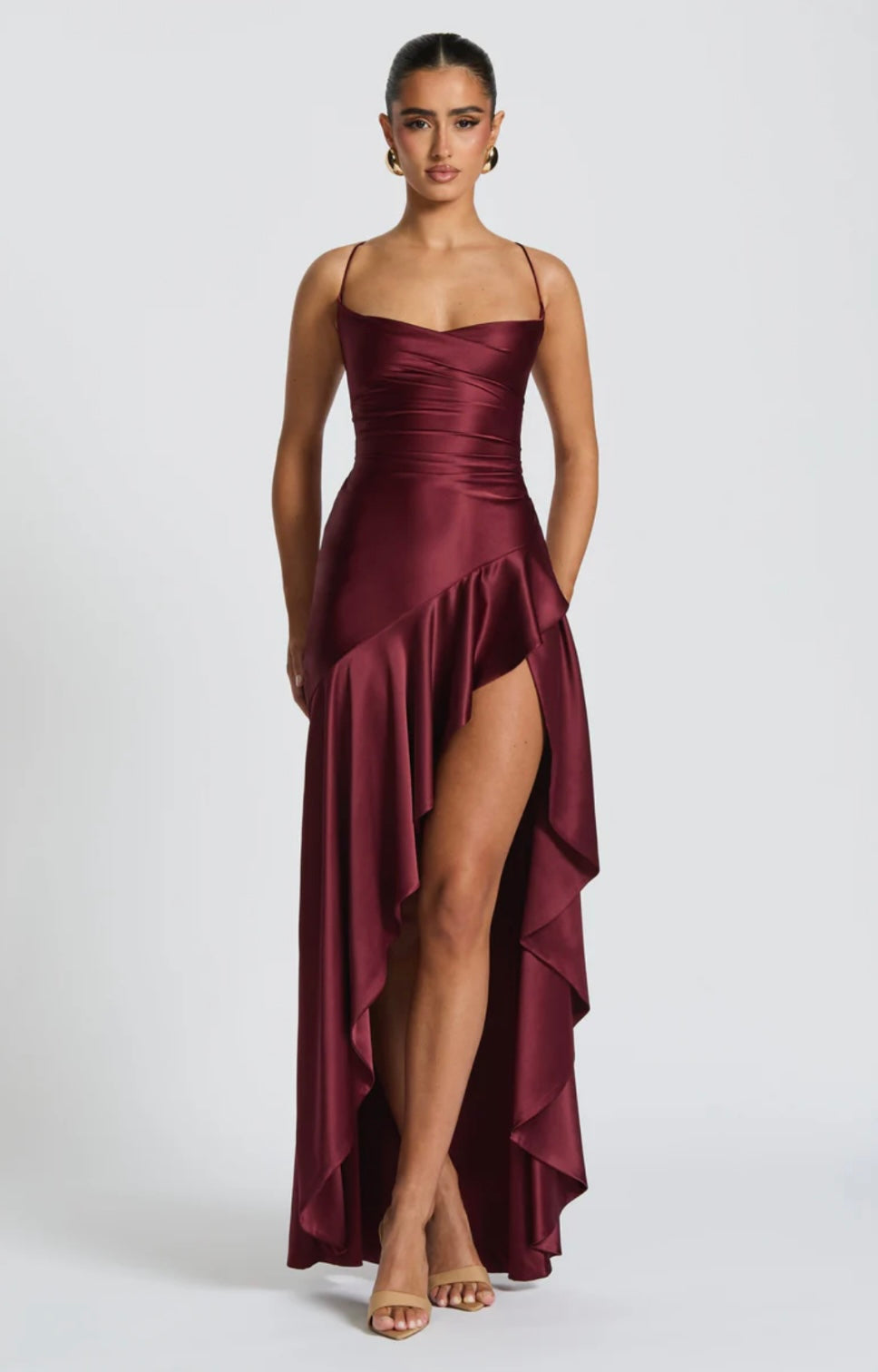 Satin High-Low Ruffle Hem Maxi Dress Women UK – Evening Wear, Cocktail