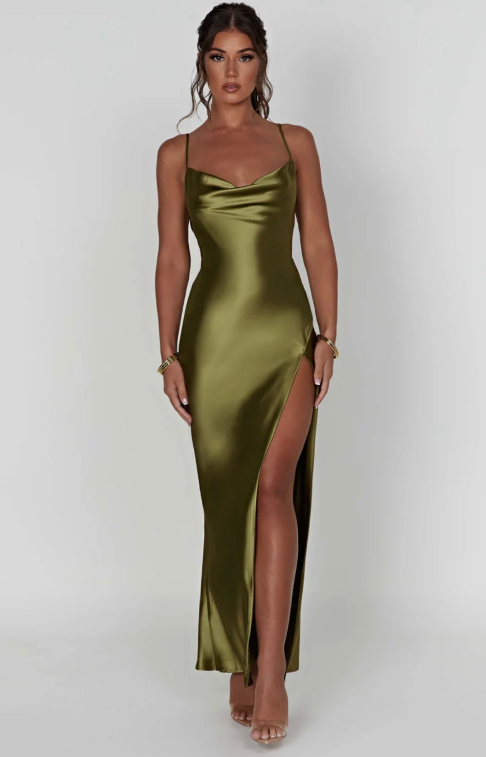 Cowl Neck Maxi Dress with Low Back and Thigh-High Split for Evening Wear