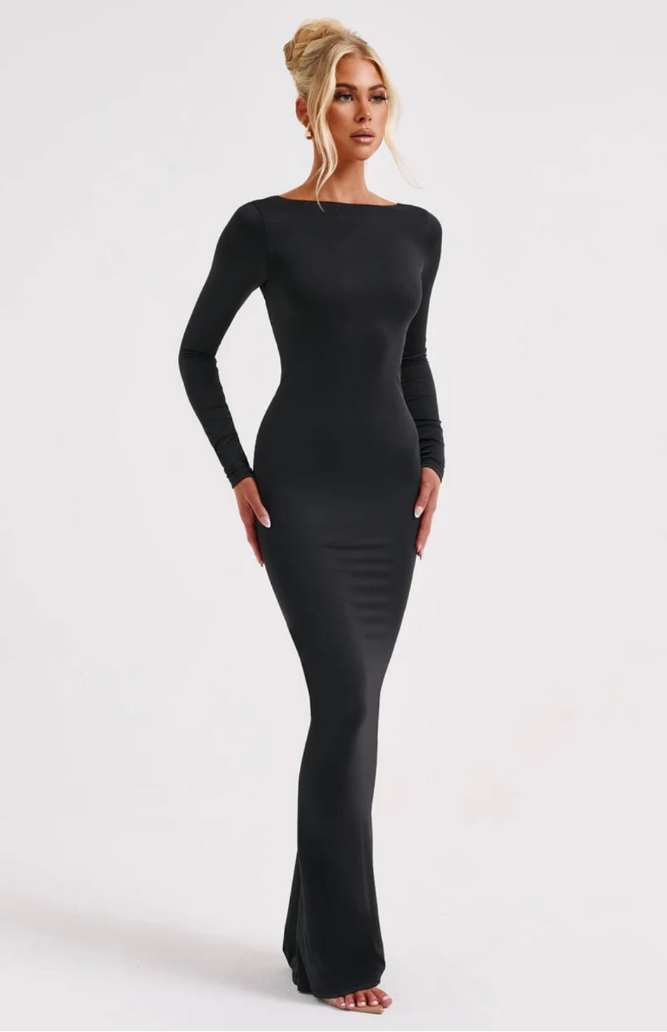 Sculpting High Neck Open Back Maxi Dress - Long Sleeve Evening Gown