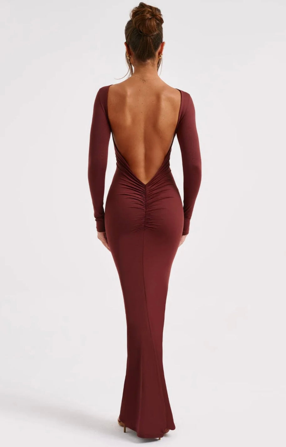 Sculpting High Neck Open Back Maxi Dress - Long Sleeve Evening Gown
