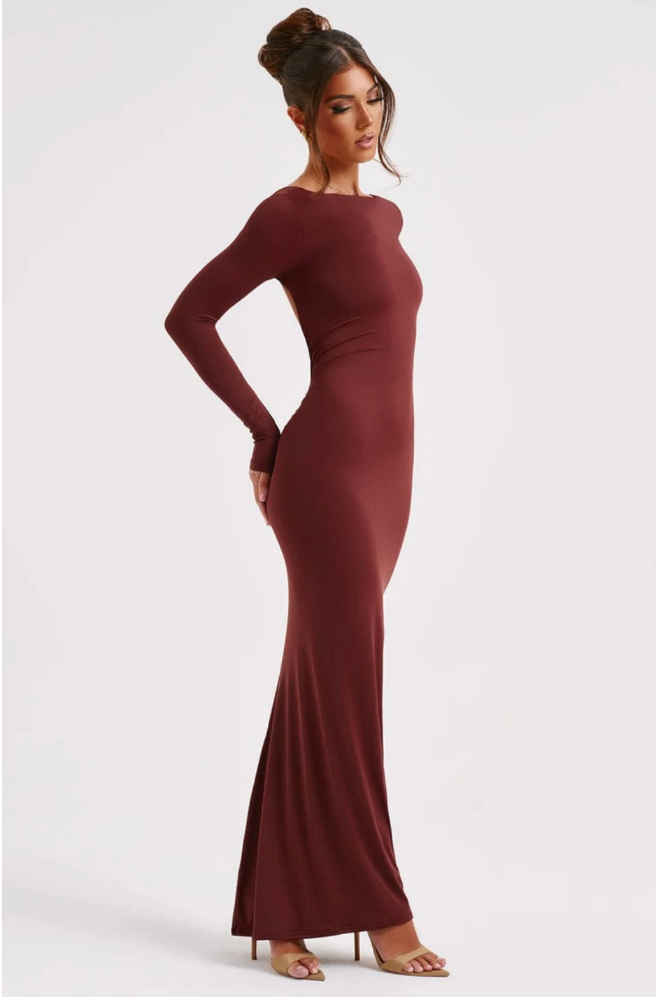 Sculpting High Neck Open Back Maxi Dress - Long Sleeve Evening Gown