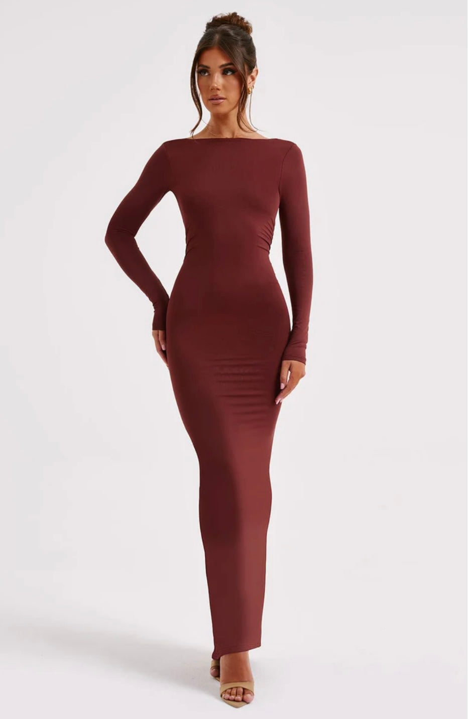Sculpting High Neck Open Back Maxi Dress - Long Sleeve Evening Gown