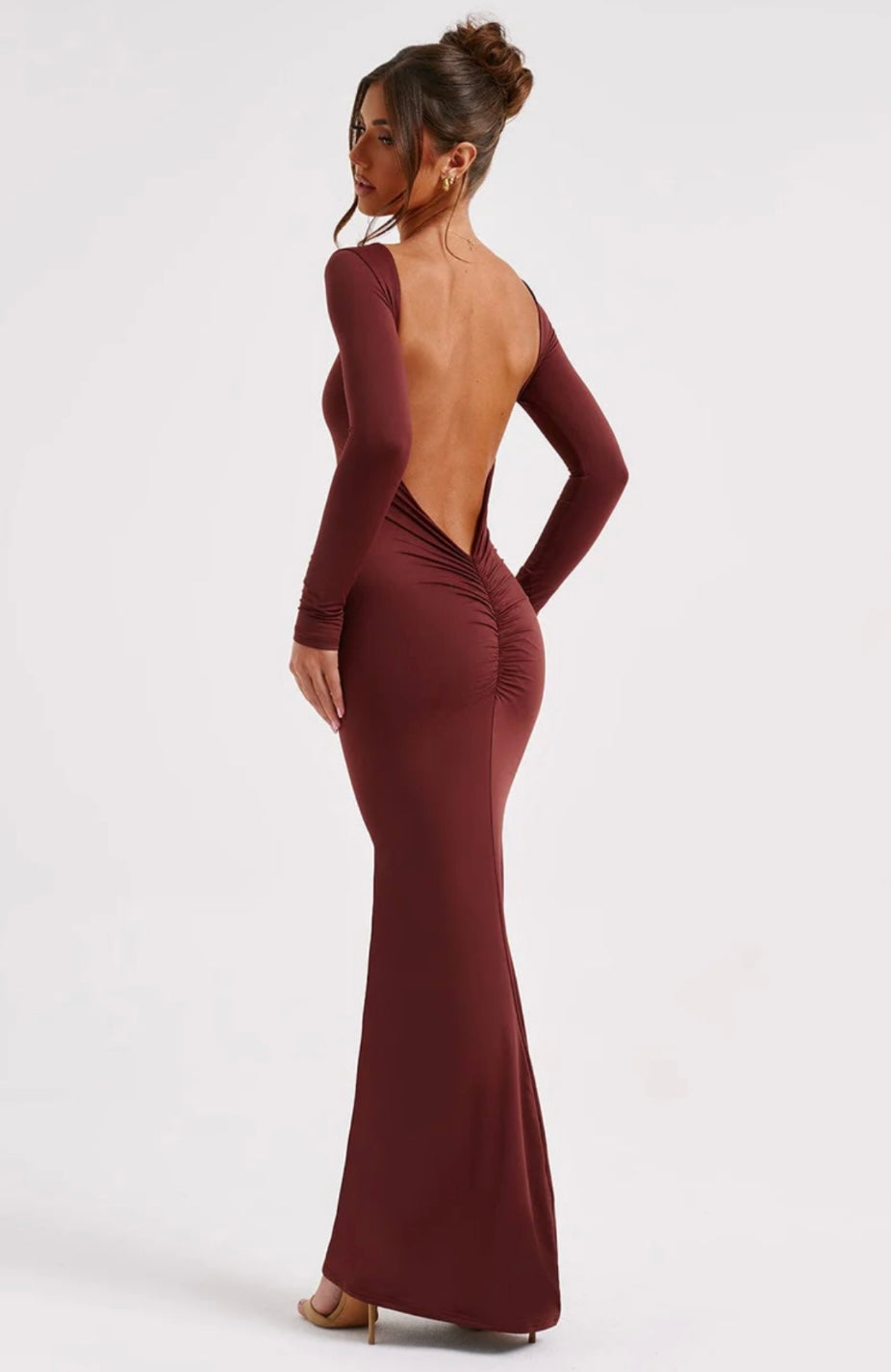 Sculpting High Neck Open Back Maxi Dress - Long Sleeve Evening Gown
