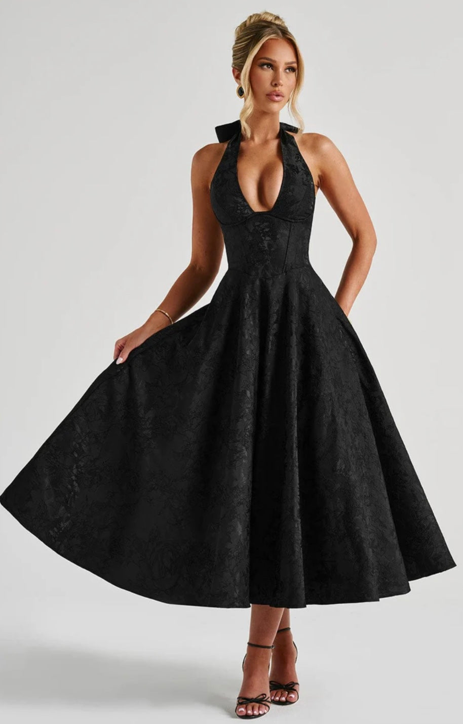 Floral Jacquard Midi Dress Women UK – Wedding Guest Garden Party Cocktail Attire