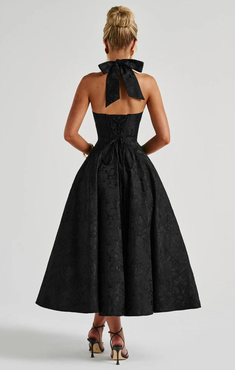 Floral Jacquard Midi Dress Women UK – Wedding Guest Garden Party Summer Outfit, Cocktail Attire