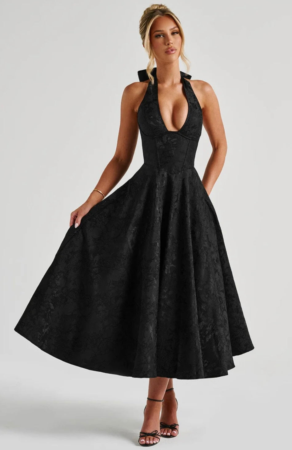 Floral Jacquard Midi Dress Women UK – Wedding Guest Garden Party Cocktail Attire