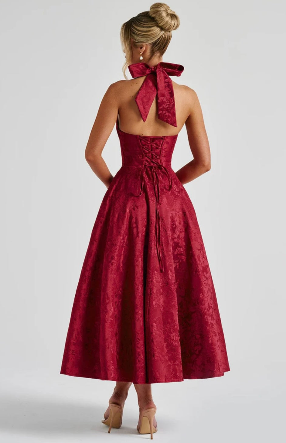 Floral Jacquard Midi Dress Women UK – Wedding Guest Garden Party Summer Outfit, Cocktail Attire
