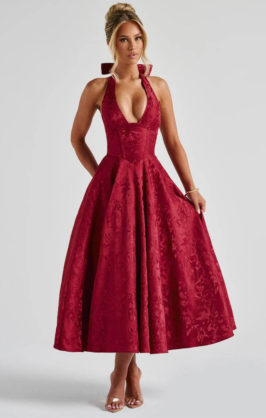 Floral Jacquard Midi Dress Women UK – Wedding Guest Garden Party Summer Outfit, Cocktail Attire