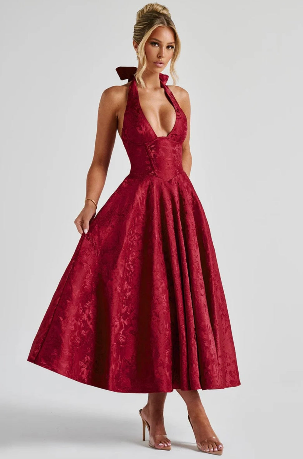 Floral Jacquard Midi Dress Women UK – Wedding Guest Garden Party Cocktail Attire