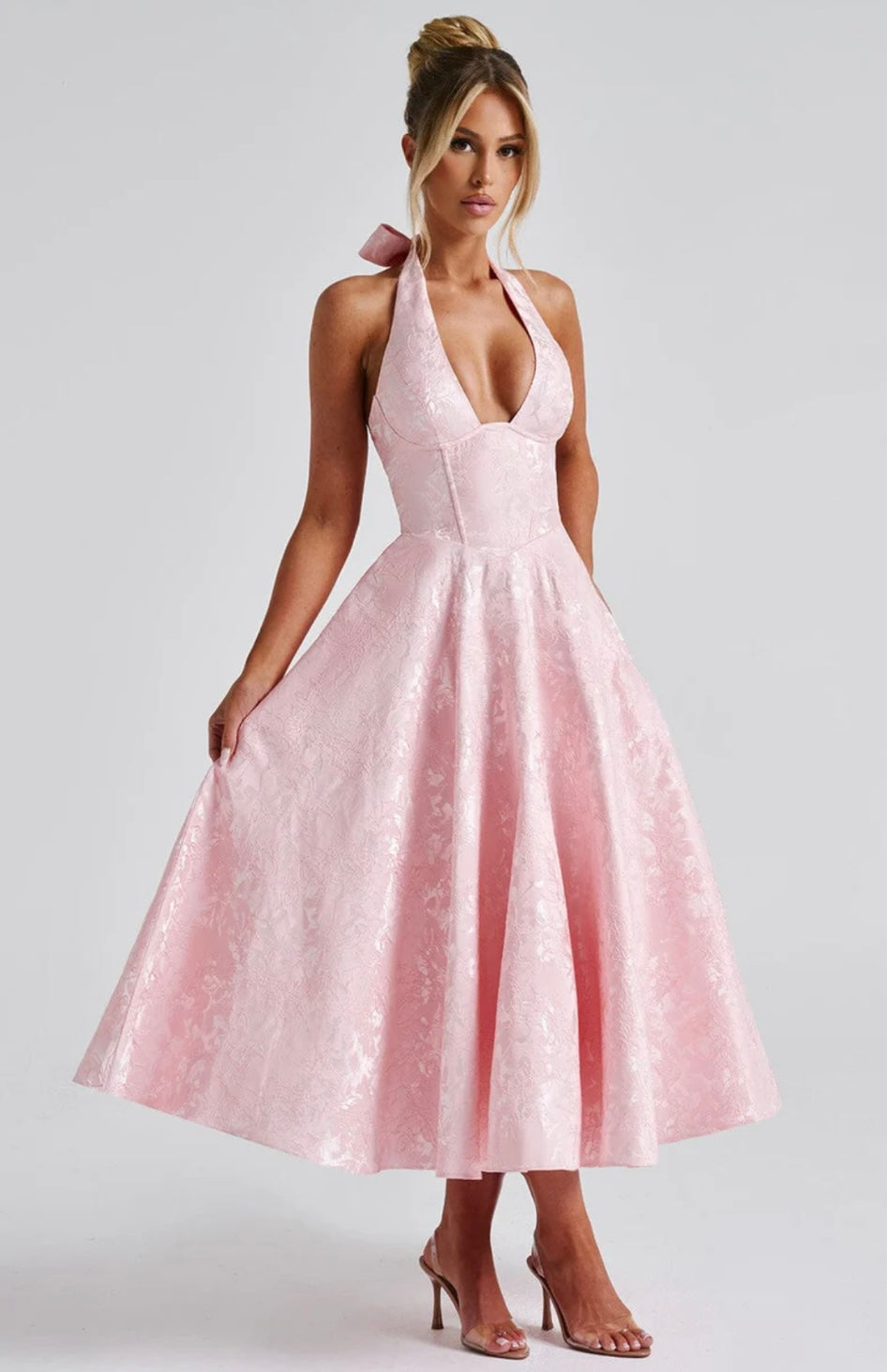 Floral Jacquard Midi Dress Women UK – Wedding Guest Garden Party Summer Outfit, Cocktail Attire