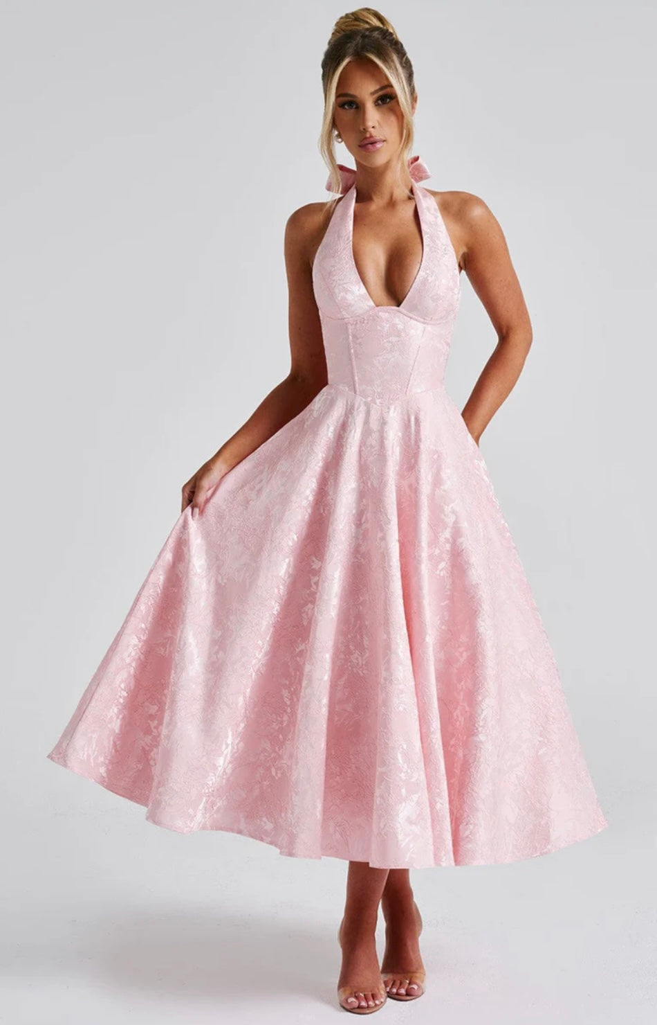 Floral Jacquard Midi Dress Women UK – Wedding Guest Garden Party Summer Outfit, Cocktail Attire