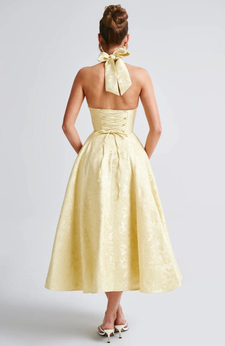 Floral Jacquard Midi Dress Women UK – Wedding Guest Garden Party Summer Outfit, Cocktail Attire