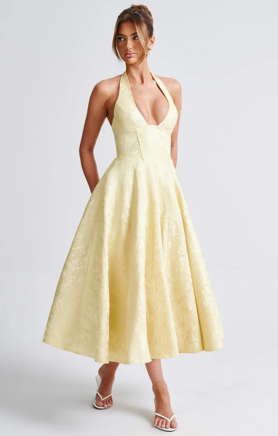 Floral Jacquard Midi Dress Women UK – Wedding Guest Garden Party Summer Outfit, Cocktail Attire