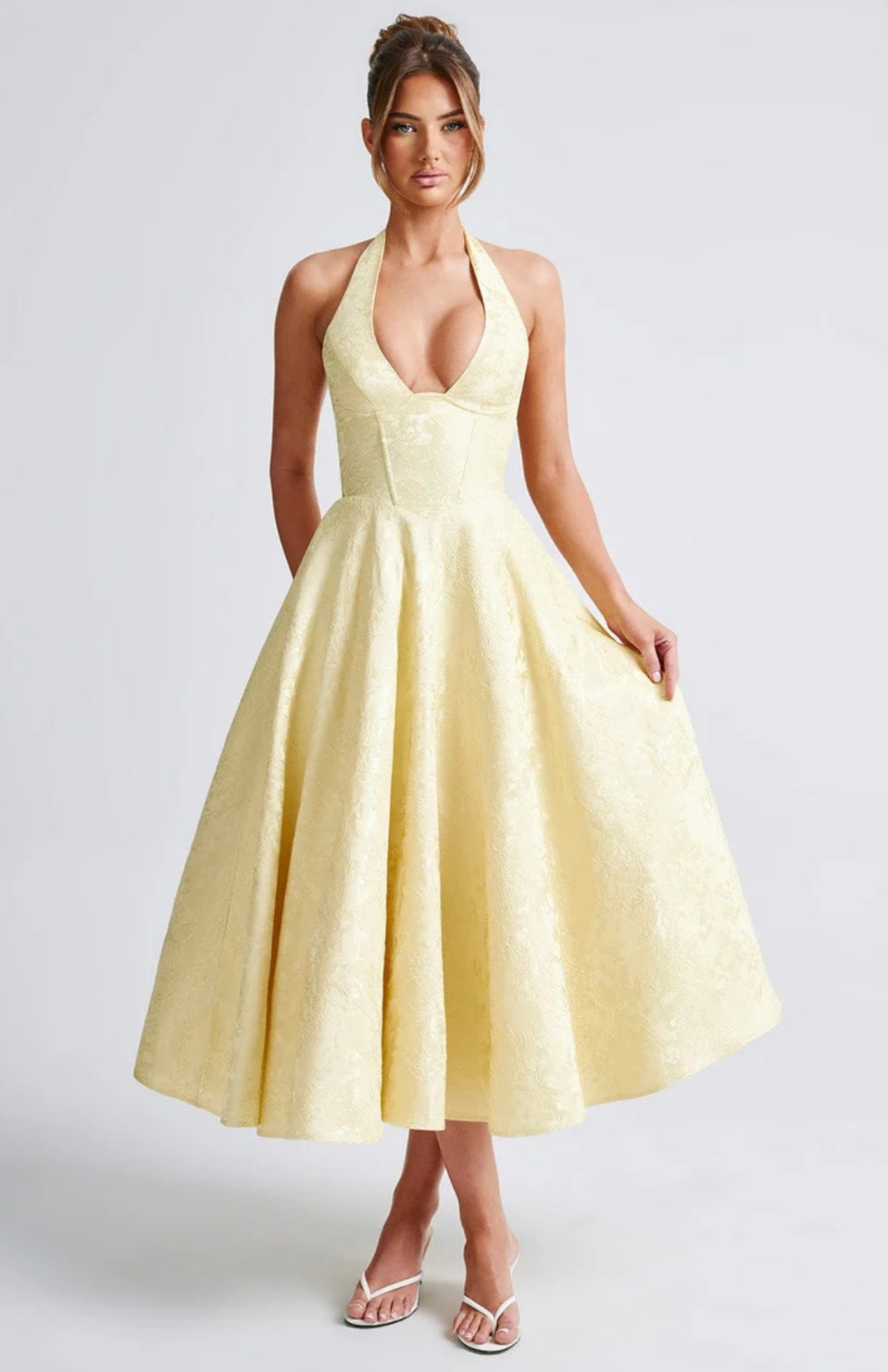 Floral Jacquard Midi Dress Women UK – Wedding Guest Garden Party Summer Outfit, Cocktail Attire