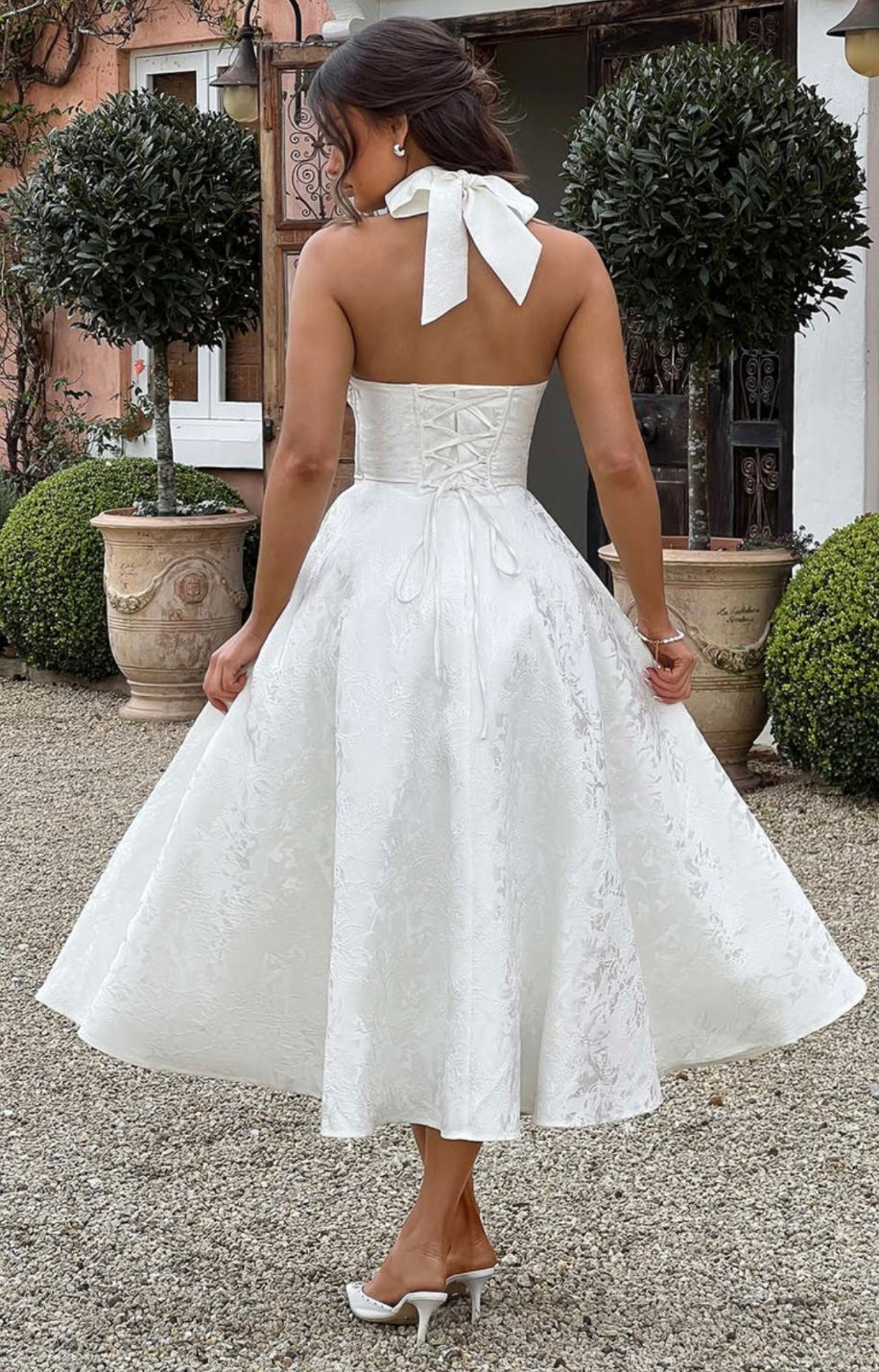 Floral Jacquard Midi Dress Women UK – Wedding Guest Garden Party Cocktail Attire