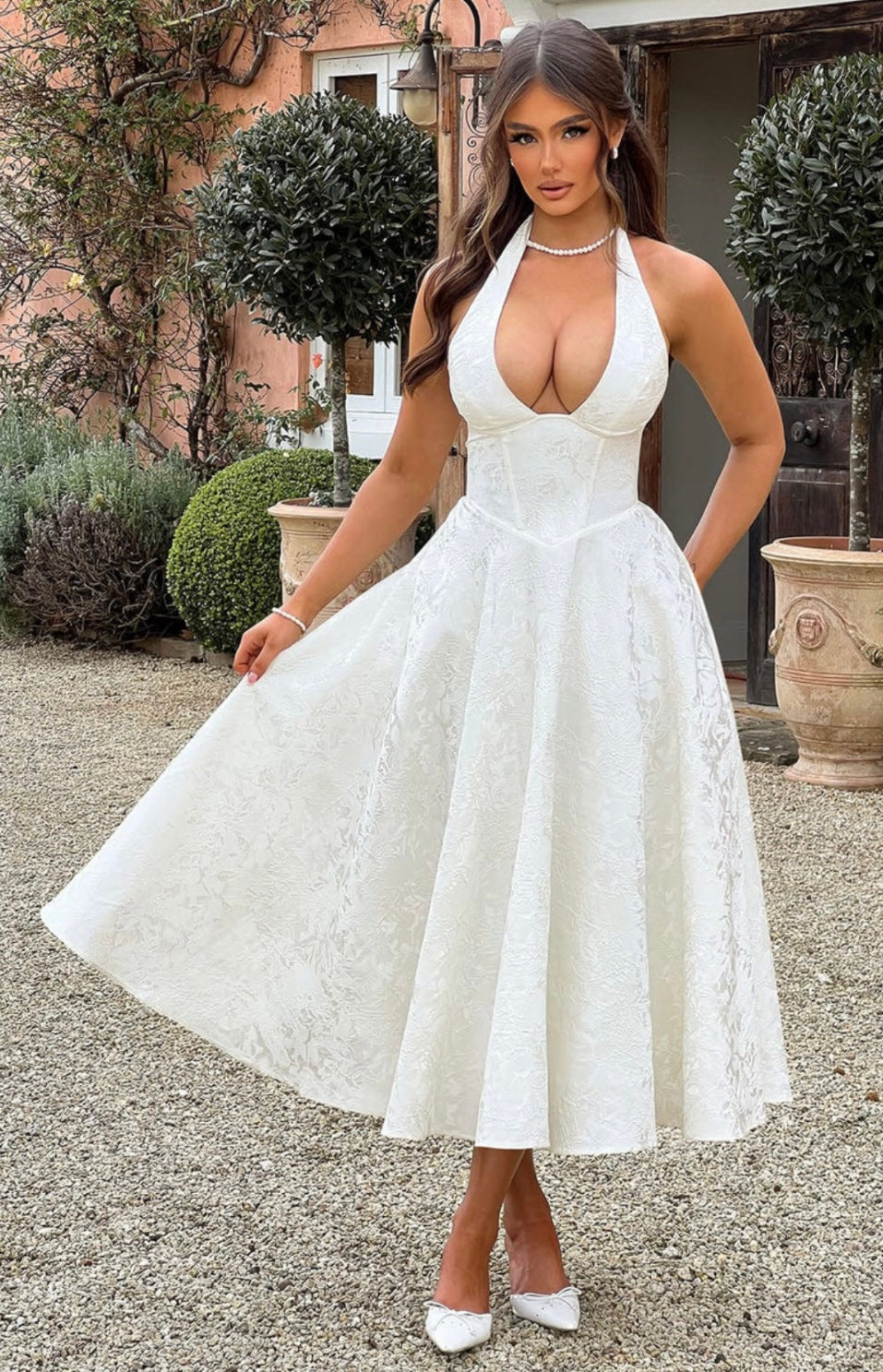 Floral Jacquard Midi Dress Women UK – Wedding Guest Garden Party Summer Outfit, Cocktail Attire